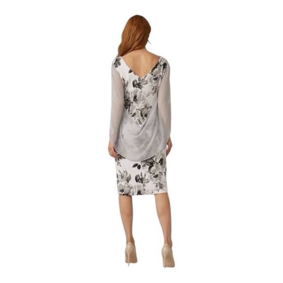 $258 Joseph Ribkoff White Grey Floral Cape Shoulder Dress Women’s Size 10 - Picture 4 of 9